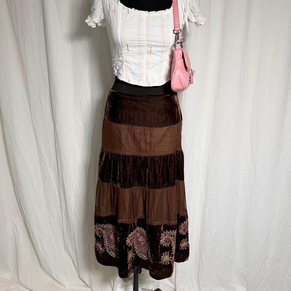 Y2K Carole Little Brown Velvet Silk Tiered Midi Skirt  Paisley Fairy-Size 8